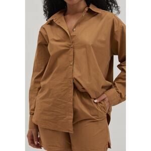 Donni. Pop Button Down Camel Tan Brown Large‎ Cotton Basic Staple Minimal